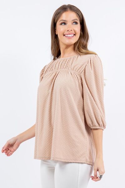 Plus-size puff sleeve blouse with bow detail for women – trendy office and casual top