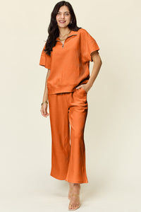 Double Take Full Size Texture Half Zip Short Sleeve Top and Pants Set Trandify Deal