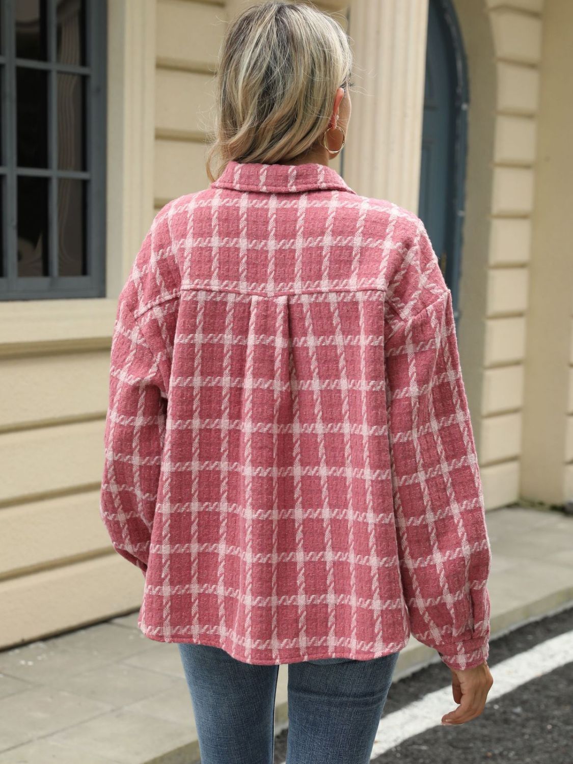 Plaid Collared Neck Long Sleeve Jacket Trandify Deal