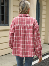 Plaid Collared Neck Long Sleeve Jacket Trandify Deal