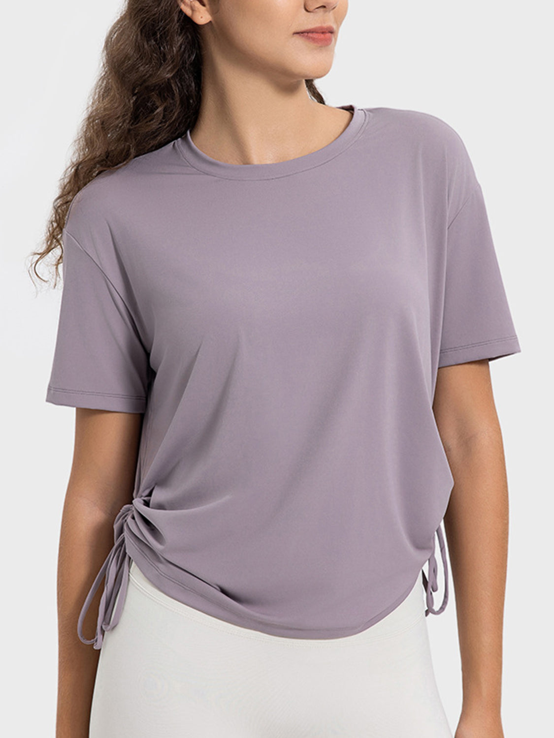 Millennia Drawstring Round Neck Short Sleeve Active T-Shirt Trandify deal