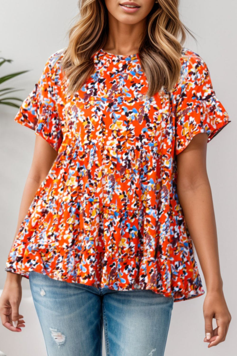 Plus Size Floral Round Neck Tiered Blouse Trandify deal