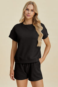 Double Take Full Size Texture Short Sleeve Top and Shorts Set Trandify deal
