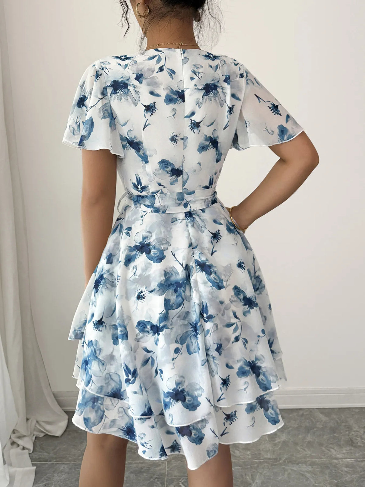 Floral Print Surplice Neck Mini Dress for Women – Boho Layered Ruffled Summer Dress