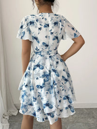 Floral Print Surplice Neck Mini Dress for Women – Boho Layered Ruffled Summer Dress