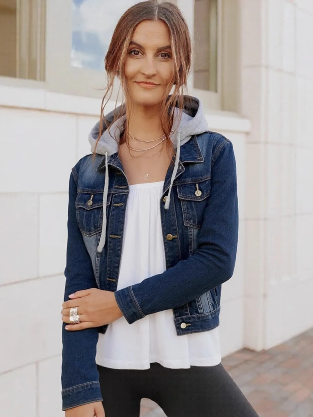 Women’s Oversized Hooded Denim Jacket – Button-Up Drawstring Waist – Plus Size Fashion