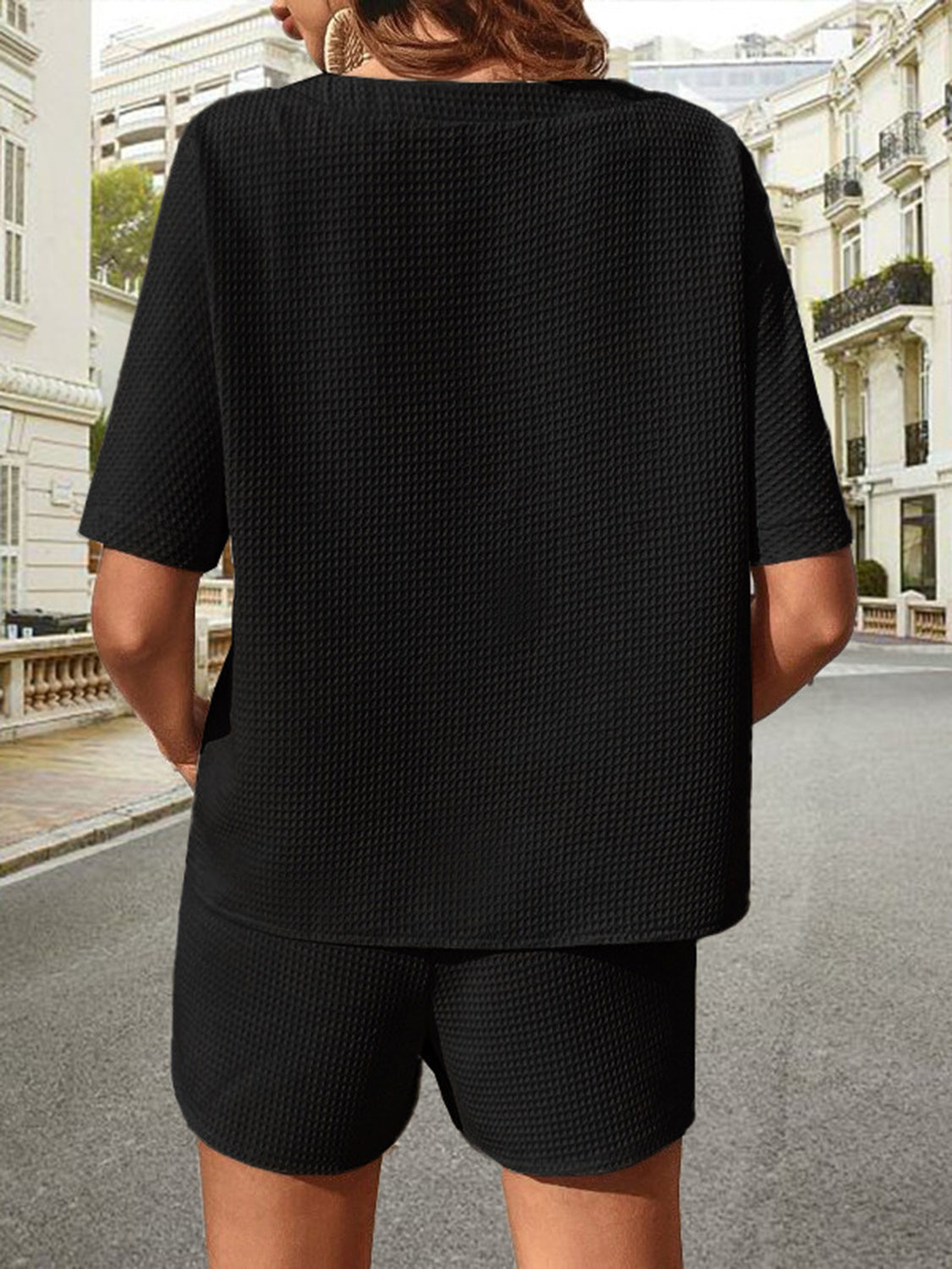 Waffle-Knit Half Sleeve Top and Shorts Set Trandify deal