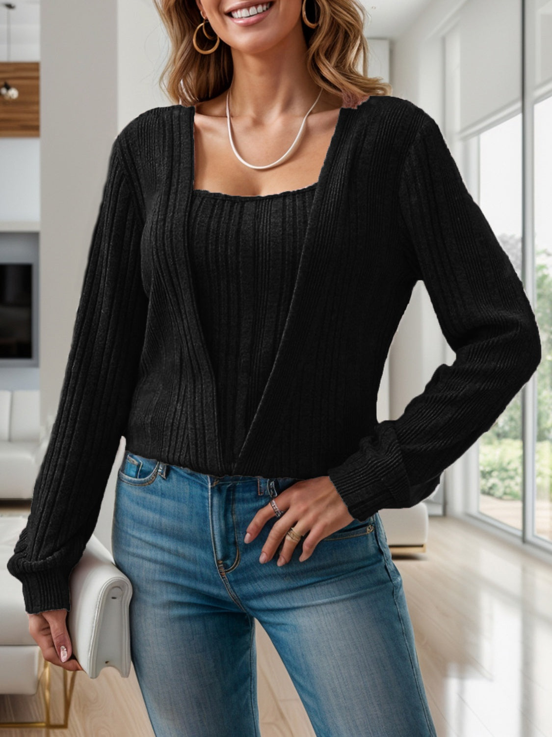 Square Neck Long Sleeve T-Shirt Trandify Deal
