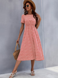 Printed Round Neck Short Sleeve Midi Dress Trandify Deal