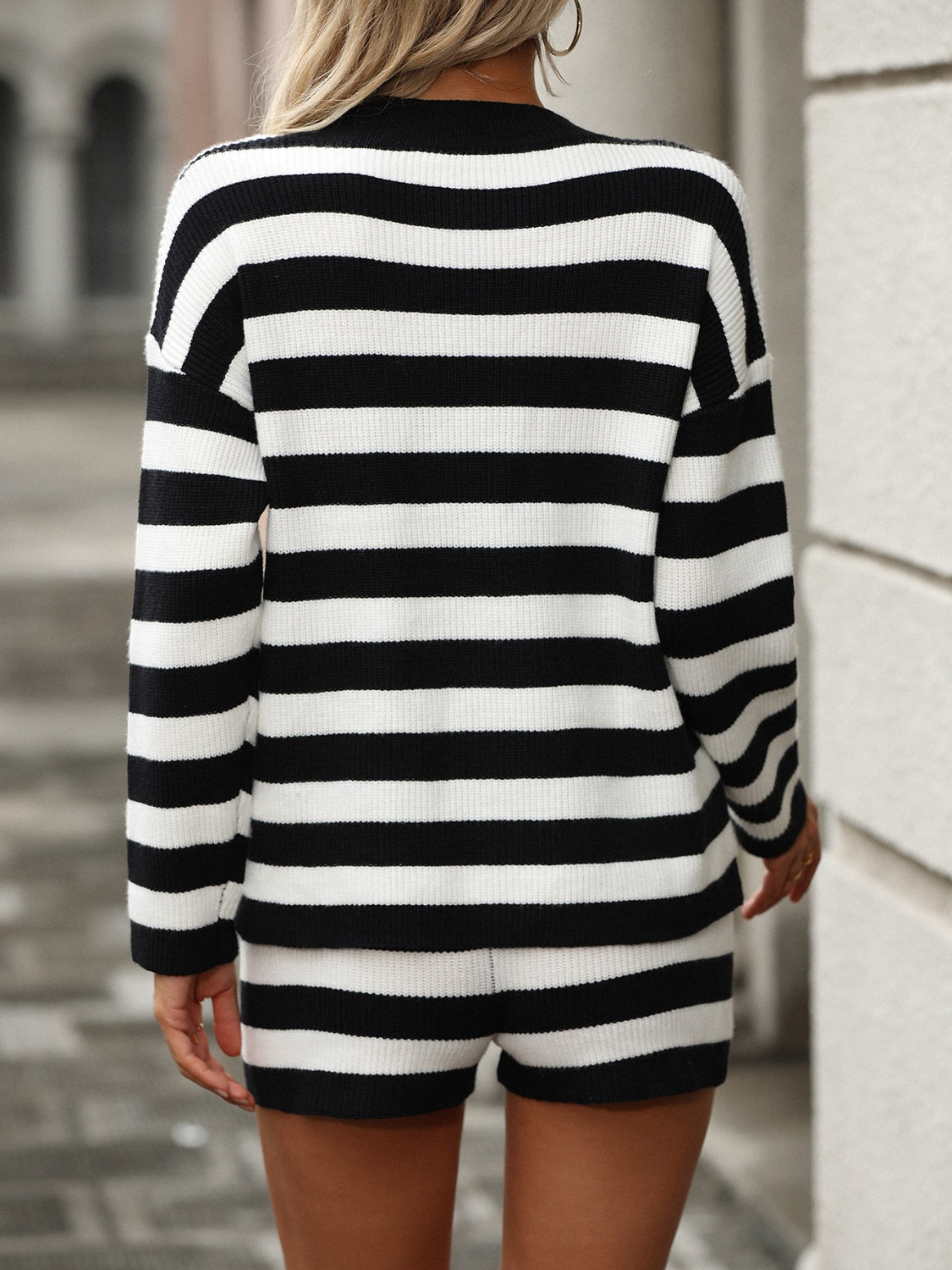 Striped Round Neck Top and Shorts Sweater Set Trandify Deal