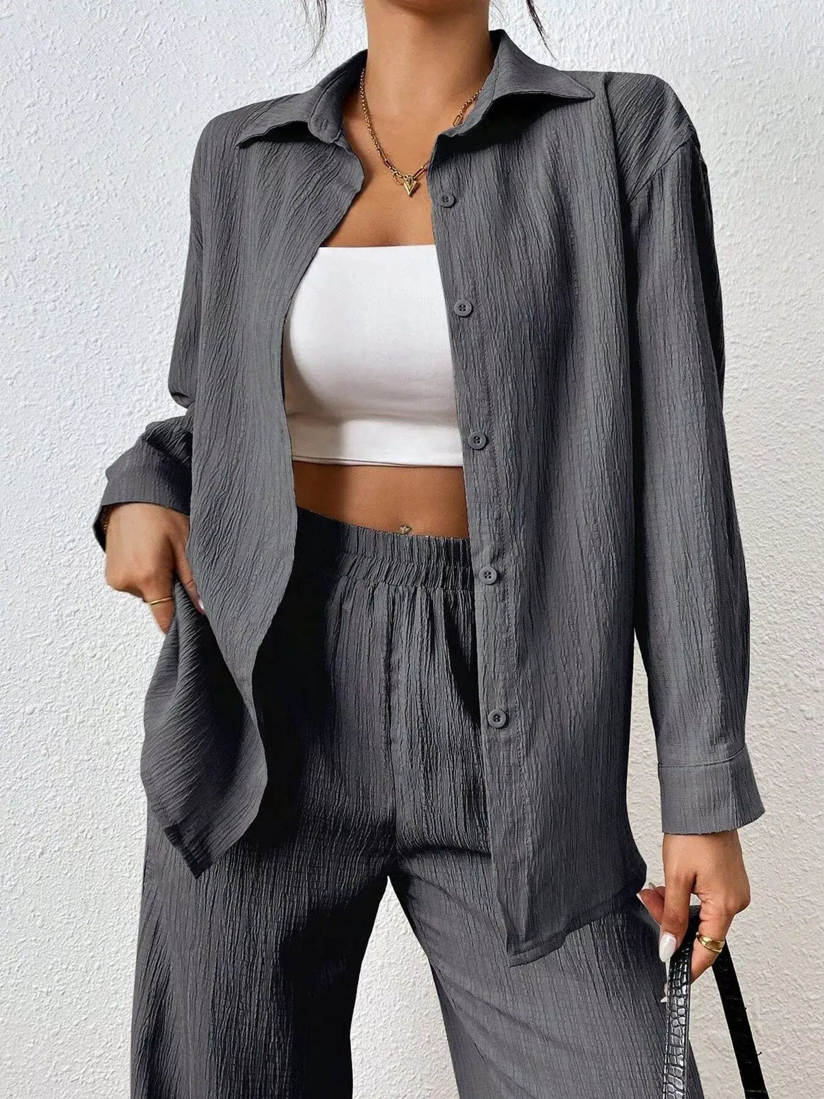 Women's Button Up Shirt and Pants Set in Dark Gray, casual office wear