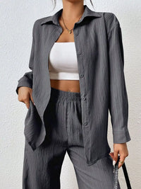 Women's Button Up Shirt and Pants Set in Dark Gray, casual office wear