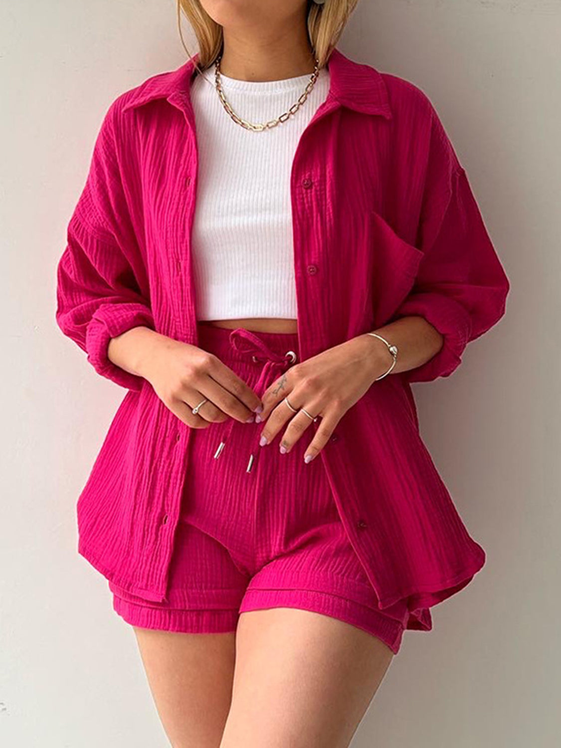 Texture Button Up Shirt and Drawstring Shorts Set Trandify deal