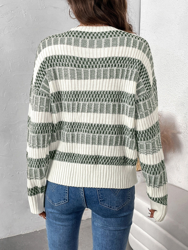 Perfee Contrast Round Neck Long Sleeve Sweater Trandify Deal