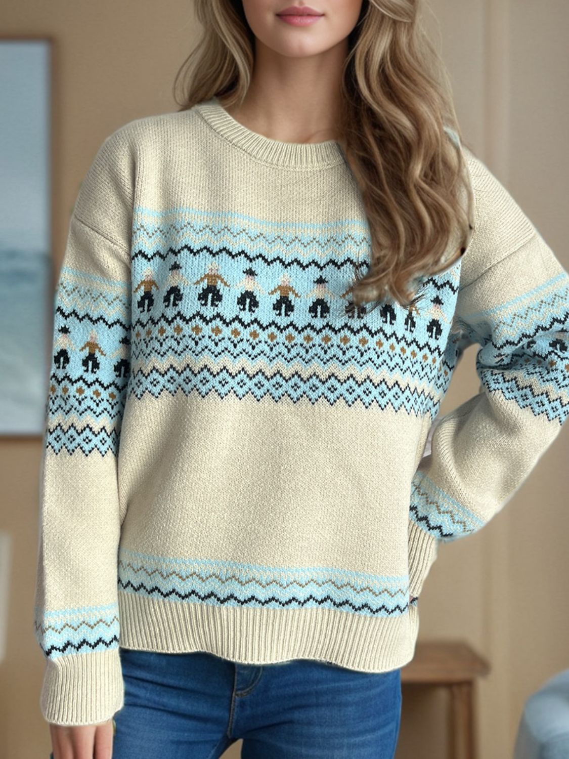 Contrast Round Neck Dropped Shoulder Sweater Trandify Deal