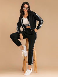 Perfee Drawstring Side Stripe Zip Up Hooded Top and Pants Set Trandify Deal