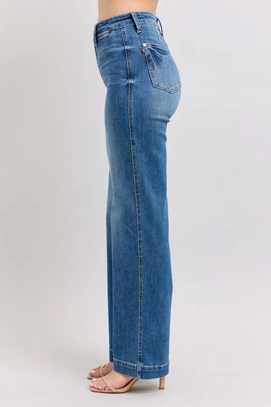 Judy Blue High Waist Straight Leg Jeans with contrast white thread detail
