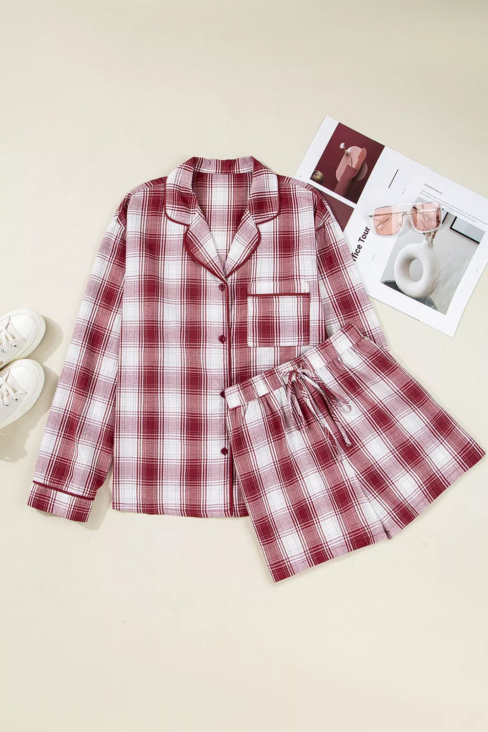 Women's Plaid Loungewear Set | Cotton Button-Down Shirt & Shorts