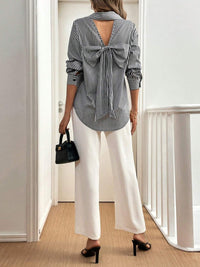 Cutout Bow Back Striped Collared Neck Long Sleeve Shirt Trandify Deal