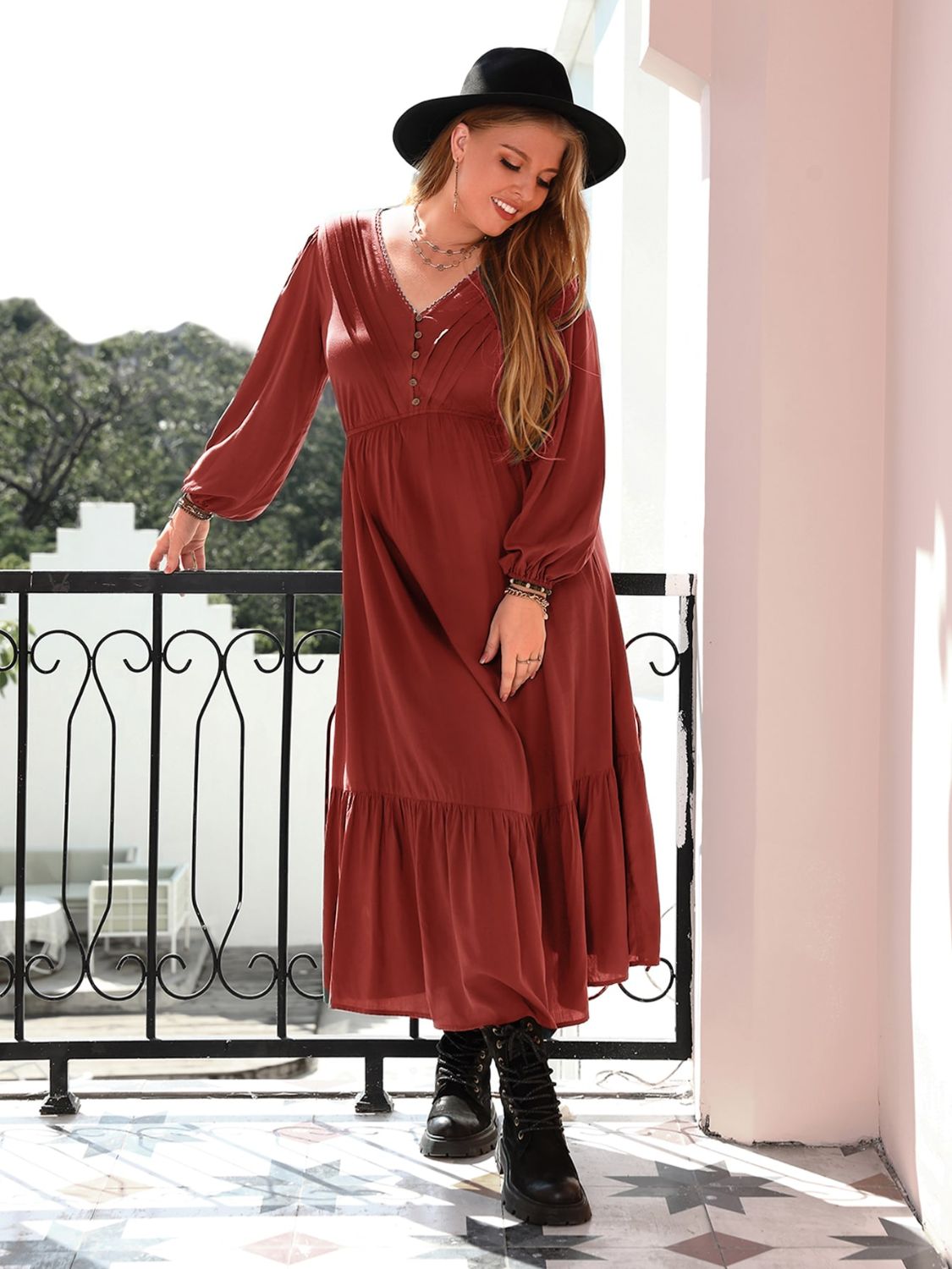 Plus Size Quarter Button V-Neck Long Sleeve Dress Trandify Deal