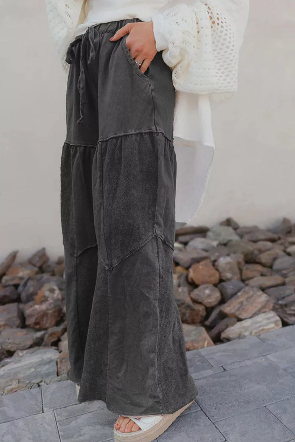 Mineral Wash Wide Leg Pants - Tiered Boho Drawstring