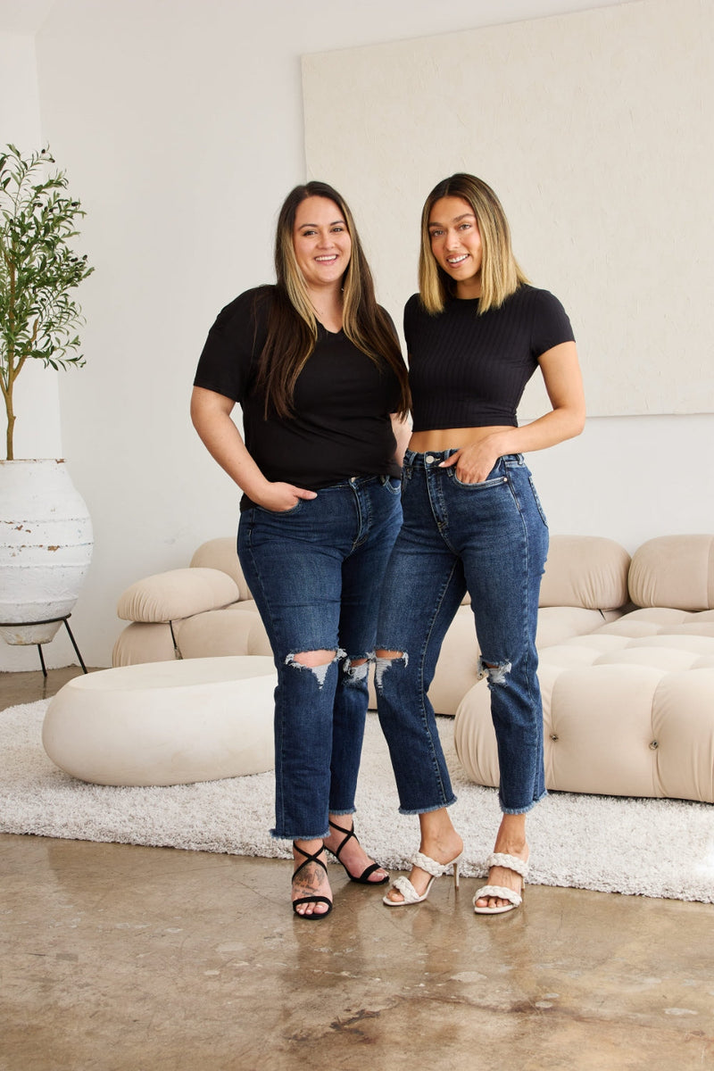 RFM Full Size Tummy Control Distressed High Waist Raw Hem Jeans Trandify deal
