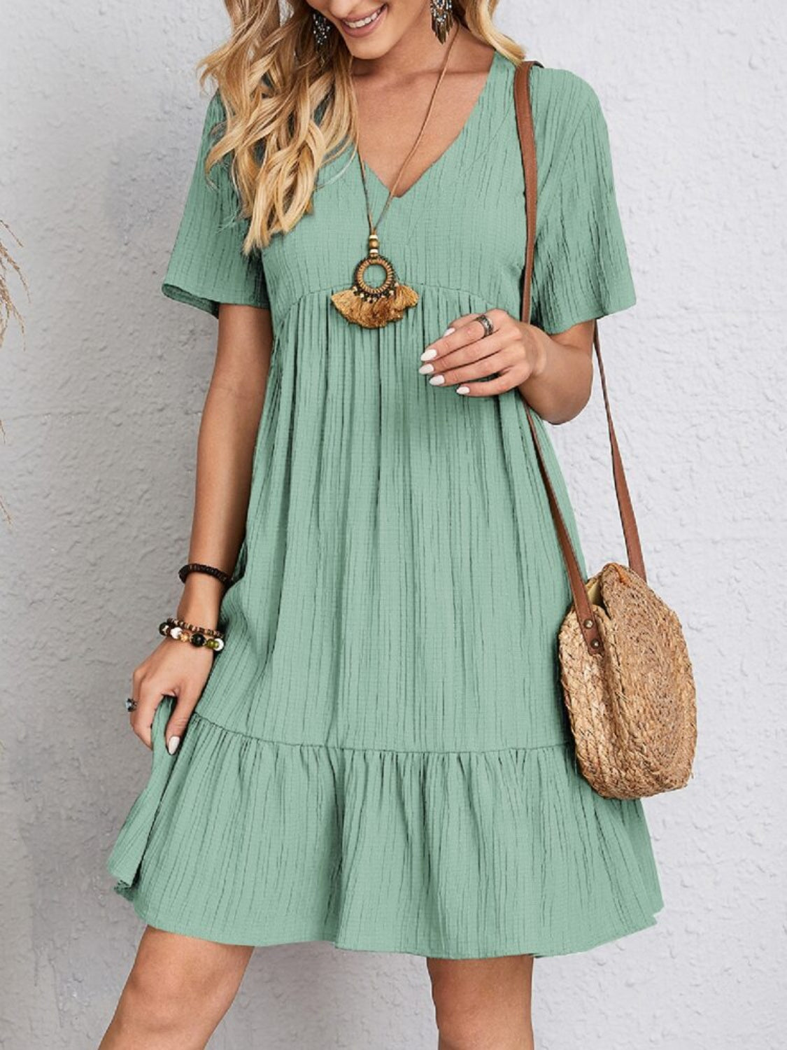 Full Size V-Neck Short Sleeve Dress Trandify deal