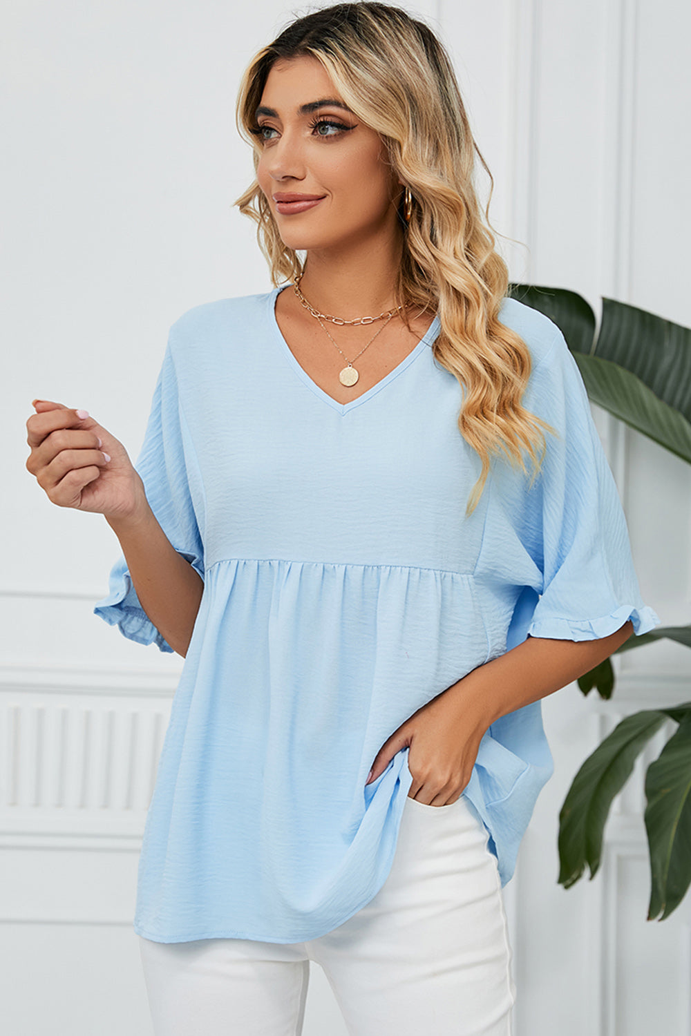 Peplum V-Neck Half Sleeve T-Shirt Trandify deal