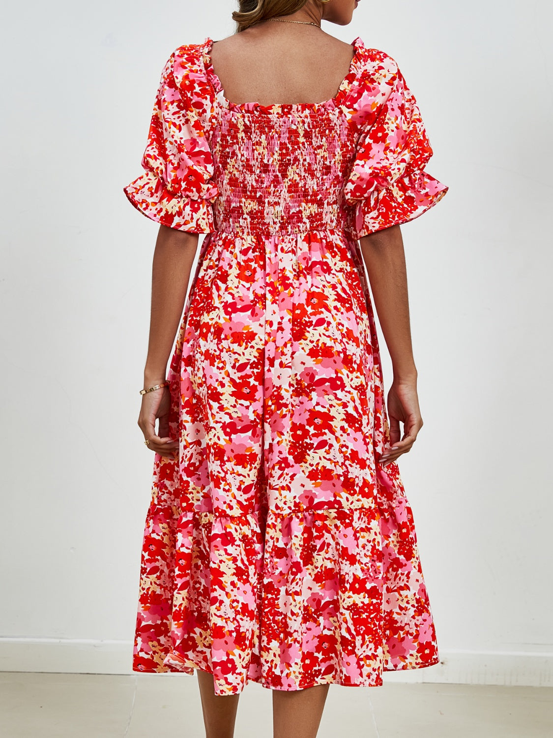 Smocked Floral Square Neck Short Sleeve Dress Trandify deal