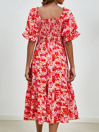 Smocked Floral Square Neck Short Sleeve Dress Trandify deal