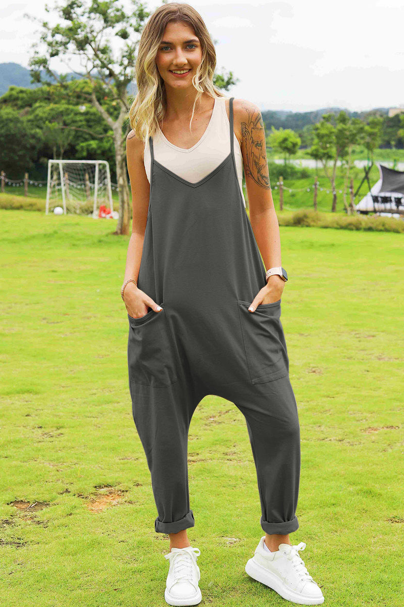 Women’s Sleeveless V-Neck Jumpsuit with Pockets – Trendy Casual Outfit – TrandifyDeal