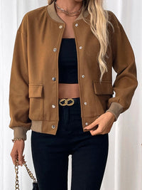 Perfee Baseball Collar Snap Down Long Sleeve Jacket Trandify Deal