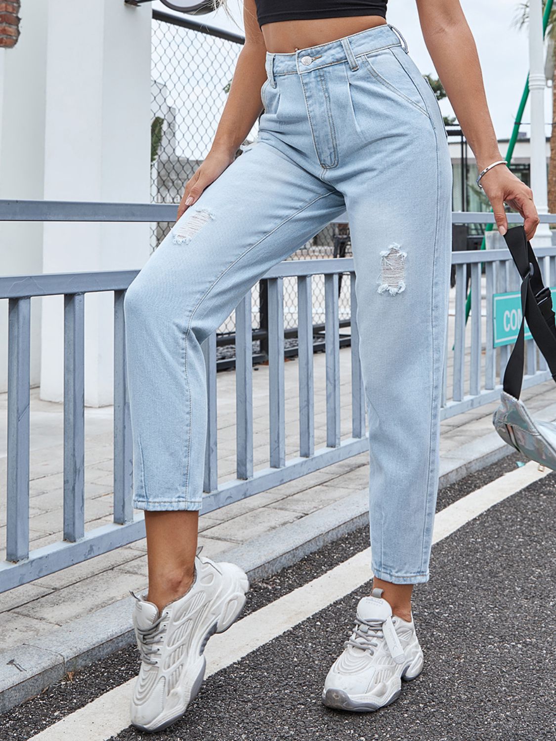 Distressed Straight Jeans with Pockets Trandify Deal