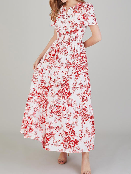 Tiered Floral Notched Short Sleeve Dress