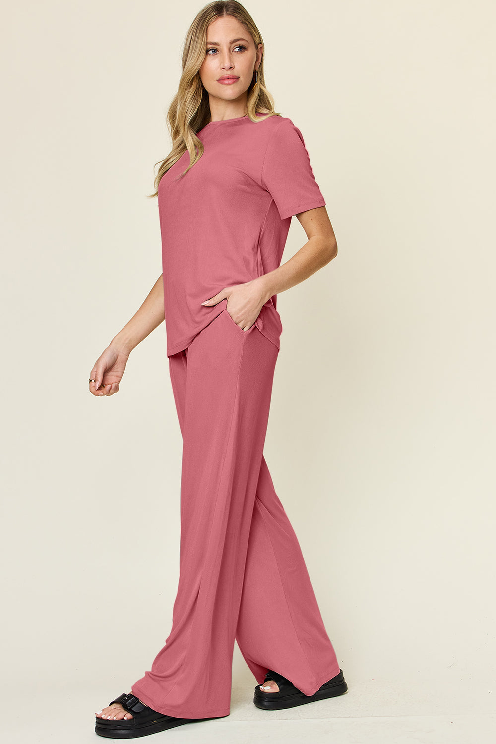 Double Take Full Size Round Neck Short Sleeve T-Shirt and Wide Leg Pants Set Trandify Deal
