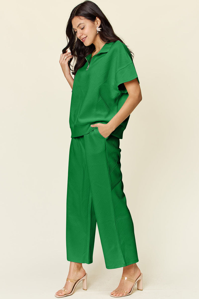 Double Take Full Size Texture Half Zip Short Sleeve Top and Pants Set Trandify Deal