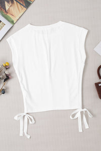 Drawstring Round Neck Cap Sleeve Blouse Trandify deal