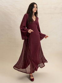 Lace Patchwork V-Neck Long Sleeve Midi Dress Trandify Deal