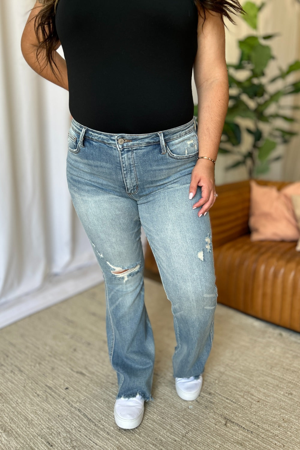 Judy Blue Full Size Medium Rise Tummy Control Destroy Flare Trandify Deal