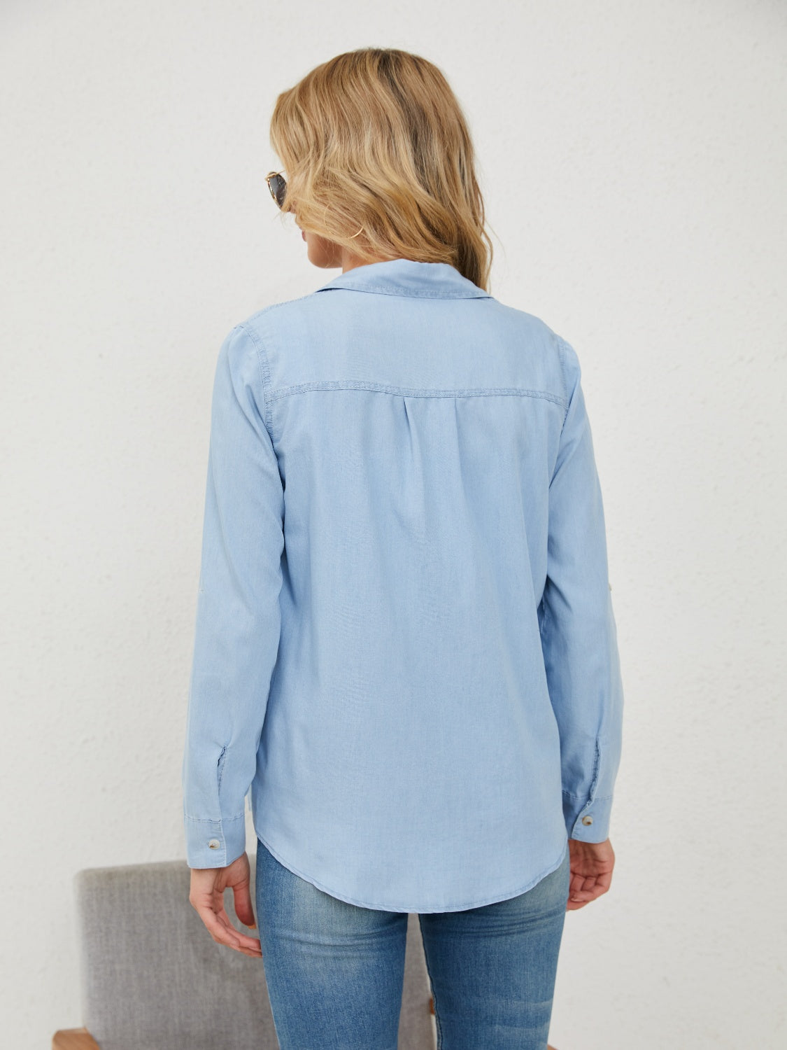 Pocketed Button Up Long Sleeve Denim Shirt Trandify deal