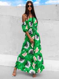 Pleated Floral Off-Shoulder Short Sleeve Midi Dress Trandify deal