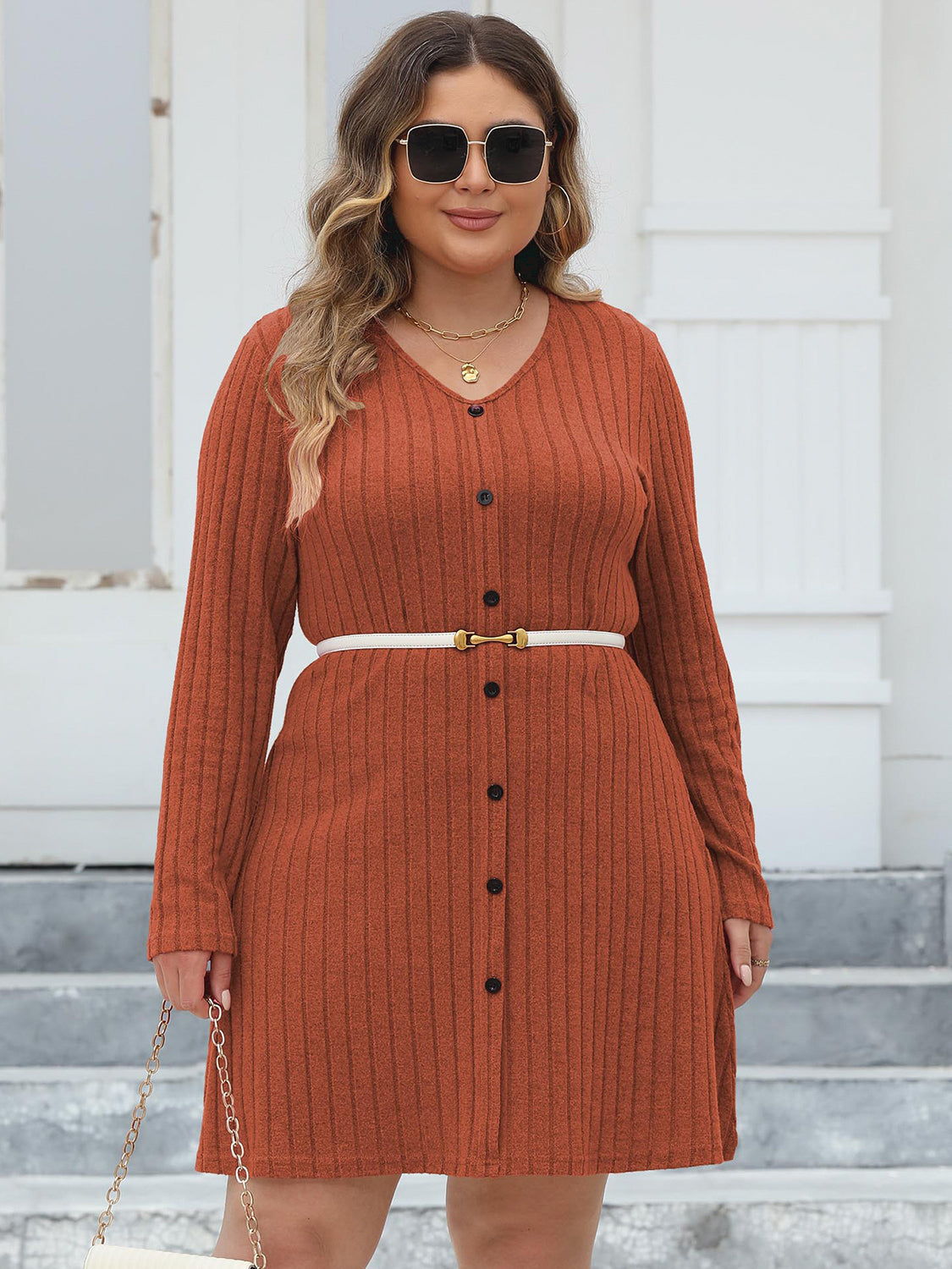 Plus Size Ribbed Buttoned V-Neck Long Sleeve Dress Trandify deal
