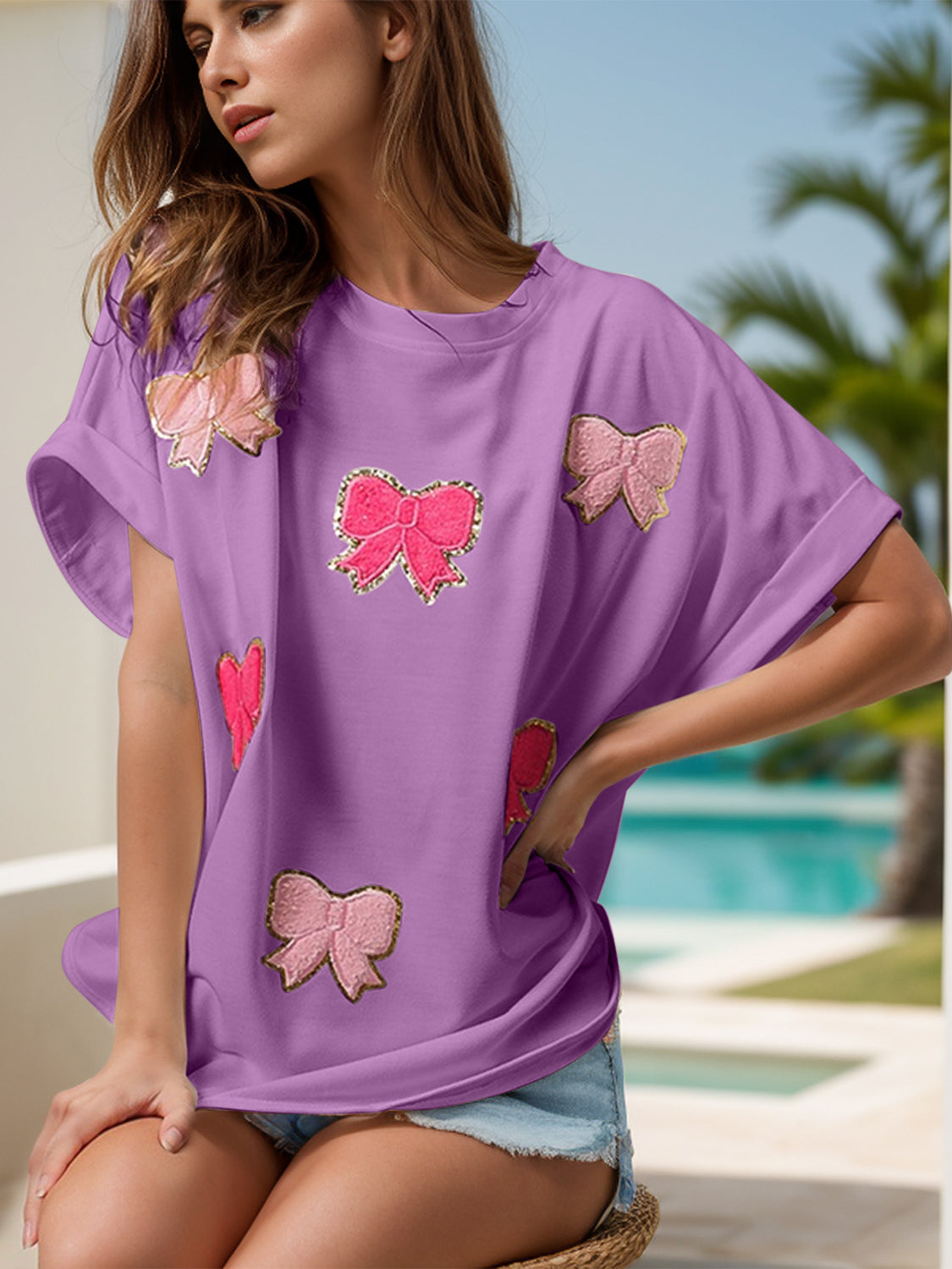 Bow Round Neck Short Sleeve T-Shirt Trandify deal