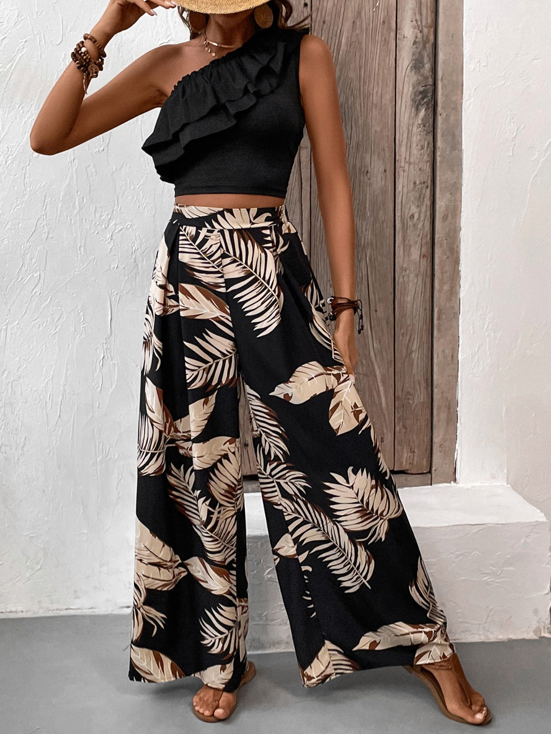 Honey Ruffled Sleeveless Top and Printed Pants Set Trandify deal