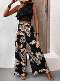 Honey Ruffled Sleeveless Top and Printed Pants Set Trandify deal