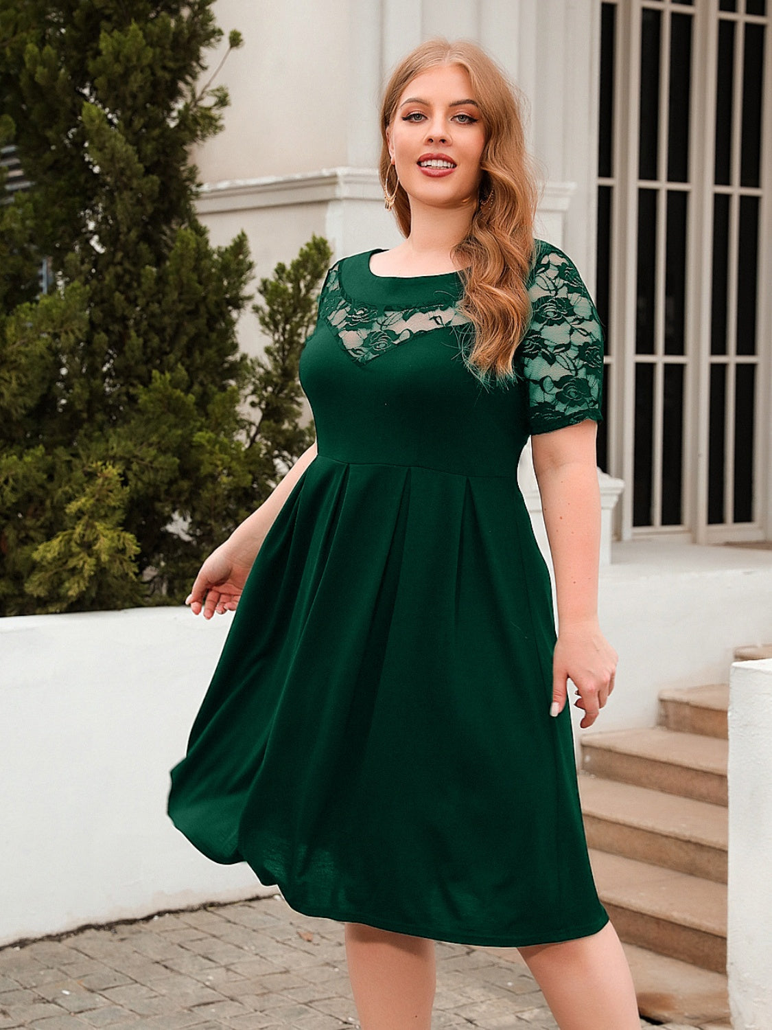 Plus Size Ruched Round Neck Short Sleeve Dress Trandify deal