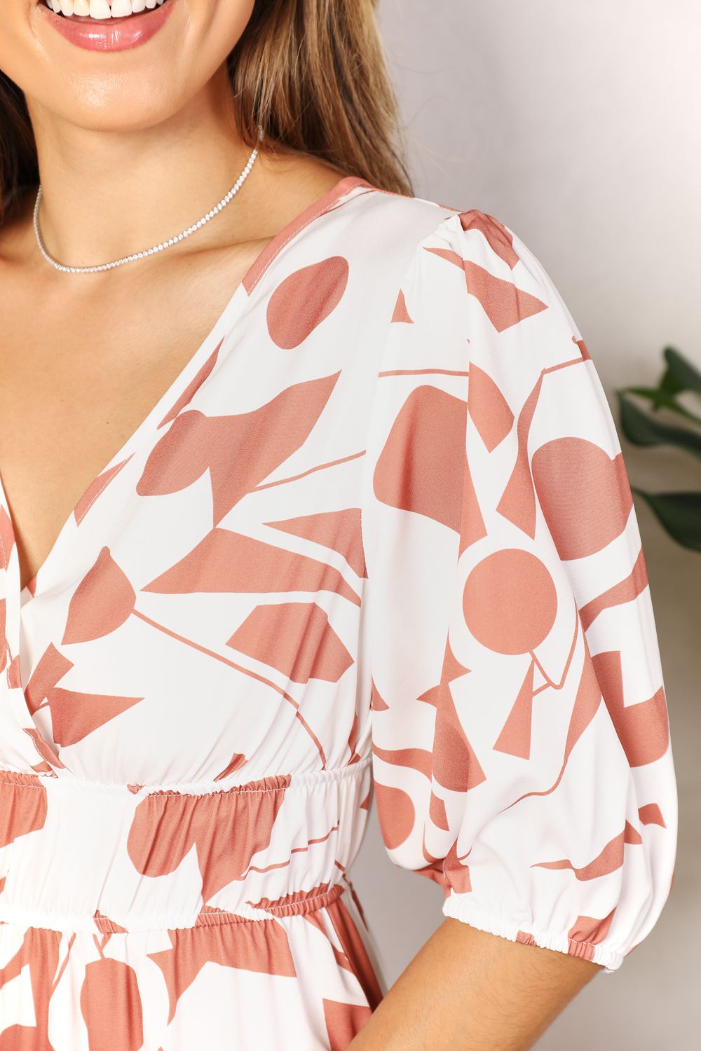 Printed Surplice Balloon Sleeve Dress Trandify deal