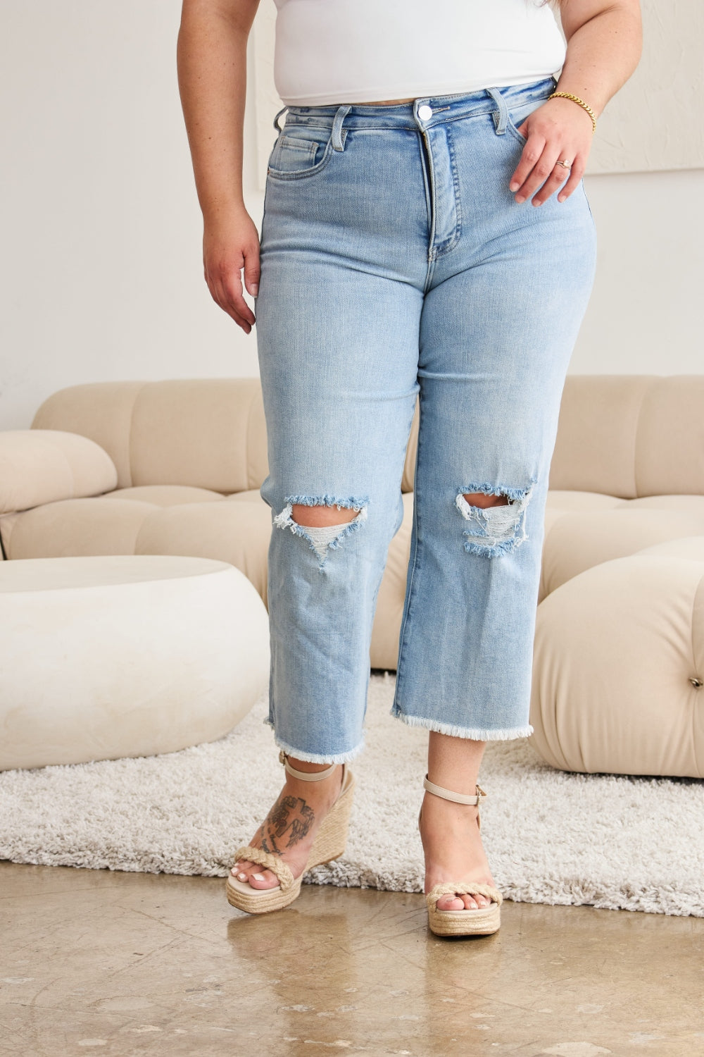 RFM Full Size Tummy Control High Waist Raw Hem Distressed Jeans Trandify deal