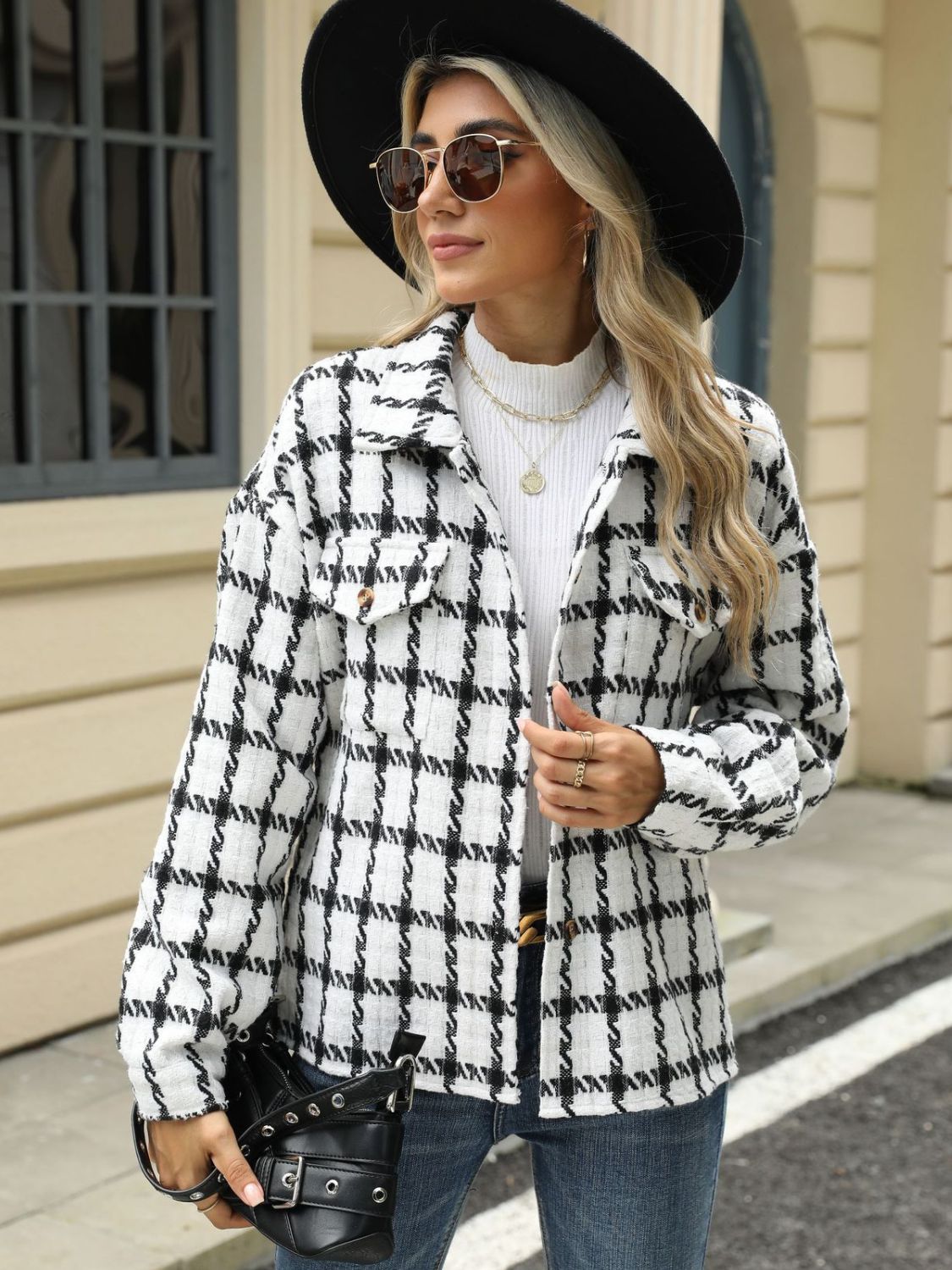 Plaid Collared Neck Long Sleeve Jacket Trandify Deal