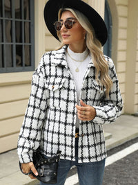 Plaid Collared Neck Long Sleeve Jacket Trandify Deal